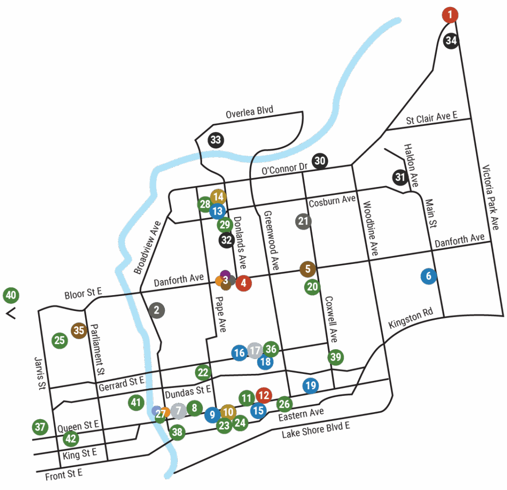 Map of East Toronto, with streets spanning from Jarvis Street to Victoria Park Avenue, and Lake Shore East to Overlea Boulevard. Included on the map are 42 circles showing the WoodGreen locations within this area.
