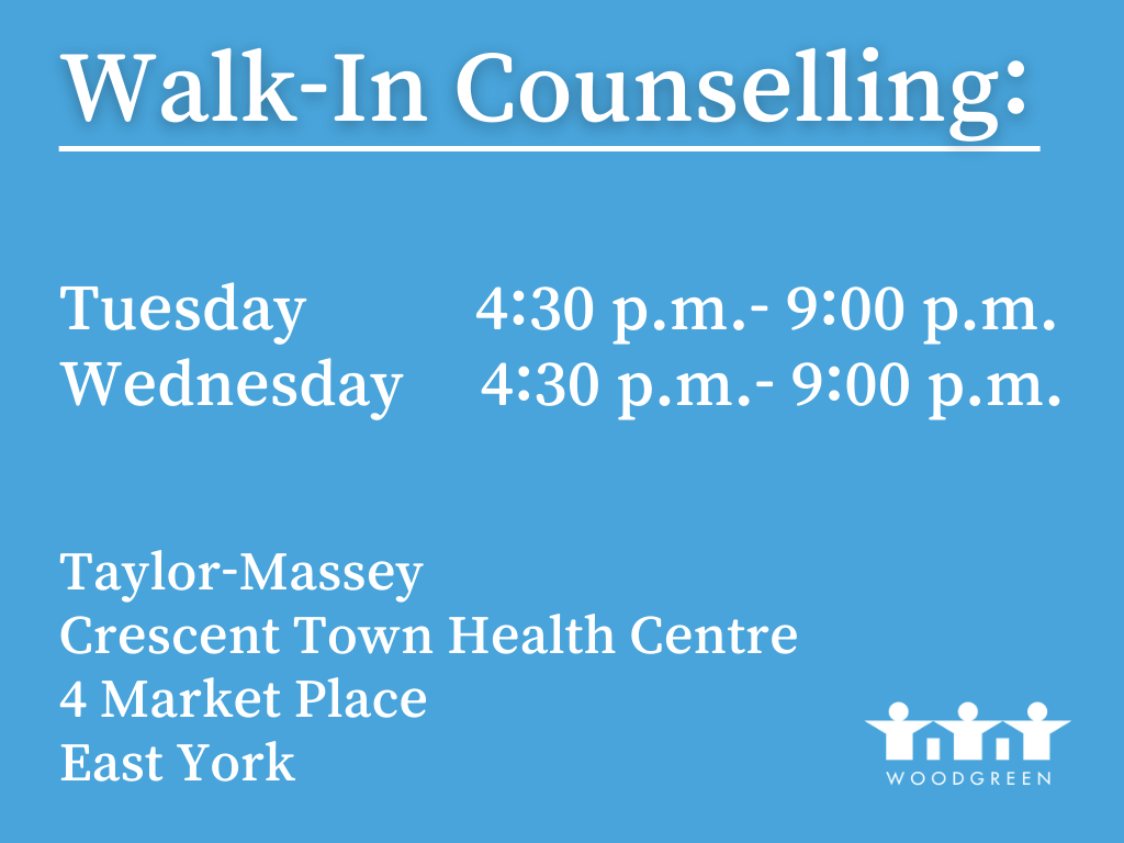 Information on the Walk-In Counselling Hours provided by WoodGreen