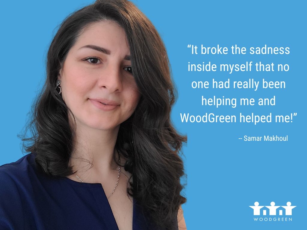 A young woman with dark hair on a blue background with a quote from Samar Makhoul. 