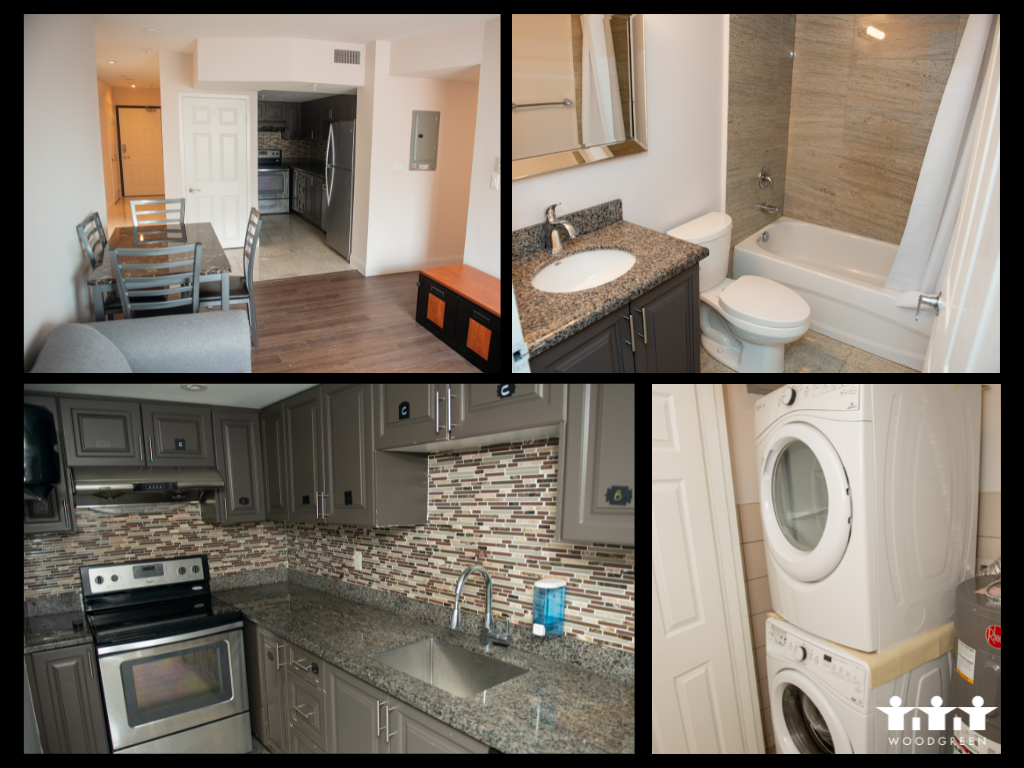 a collage of four pictures of the interior of a Homeward Bound apartment