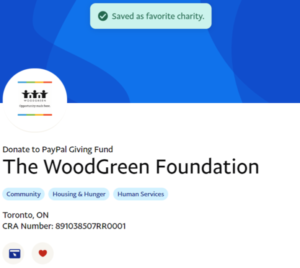 Image of confirmation that The WoodGreen Foundation has been saved as favourite charity.