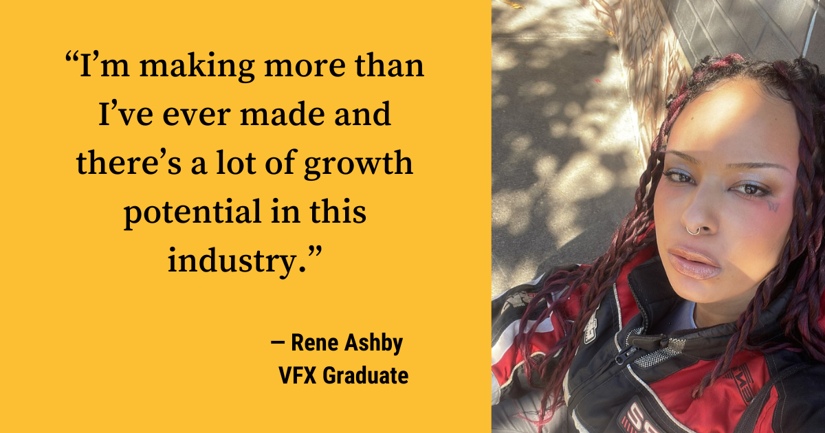 Black youth, Rene Ashby, on yellow background with quote about growth in VFX industry.