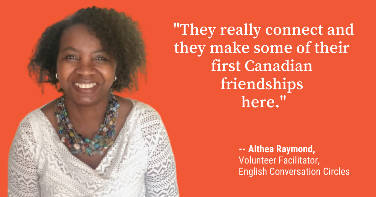 a black woman in a white shirt smiles at the camera and gives a quote about conversation circles in Canada