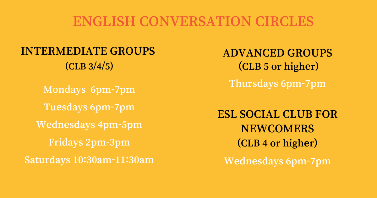 a list of times for english conversation circles at WoodGreen