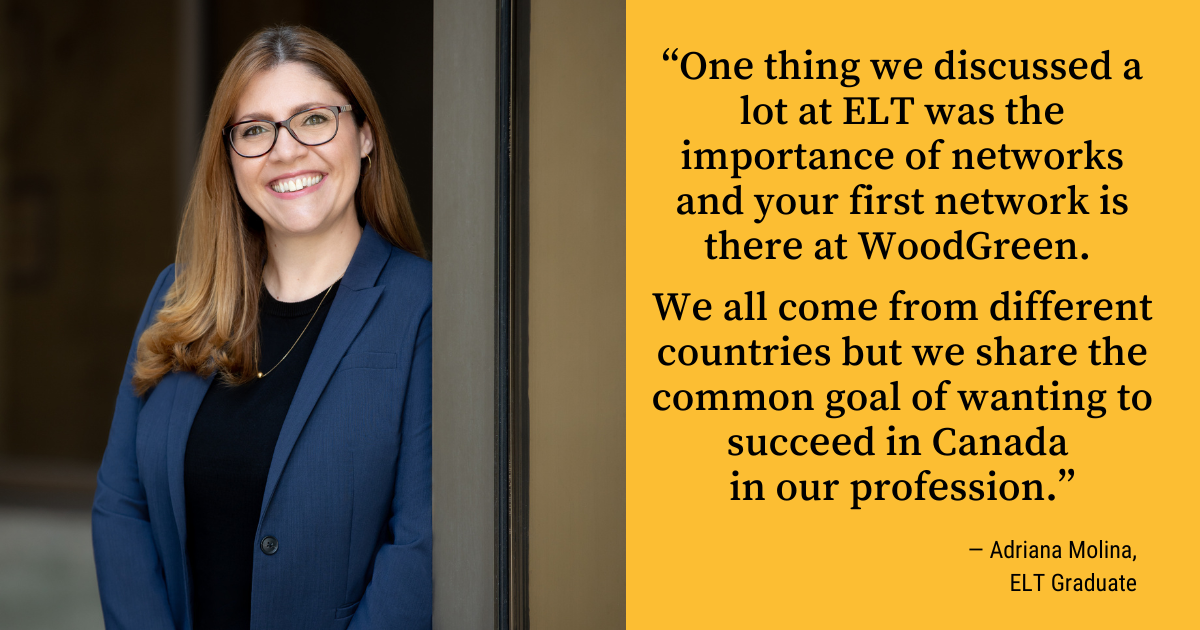 A woman in a blue blazer who is a newcomer to Canada with a quote about the importance of networking when searching for a job. 