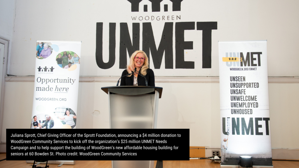 Juliana Sprott, Chief Giving Officer of the Sprott Foundation, announcing a $4 million donation to WoodGreen Community Services to kick off the organization’s $25 million UNMET Needs Campaign and to help support the building of WoodGreen’s new affordable housing building for seniors at 60 Bowden St. Photo credit: WoodGreen Community Services