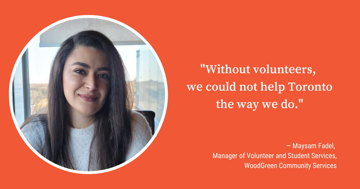 A woman with dark brown hair beside a quote about the importance of volunteers. 