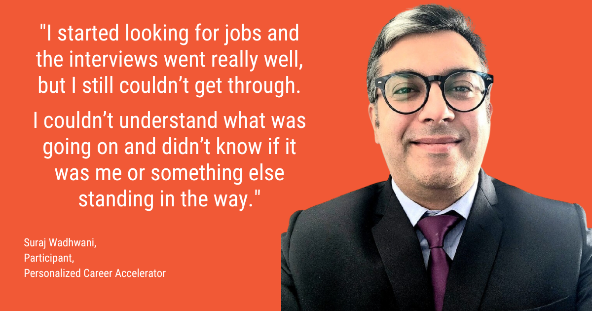 A man with salt and pepper hair with glasses wearing a dark suit with a burgundy tie is on a graphic image with a quote about participating in WoodGreen's career accelerator