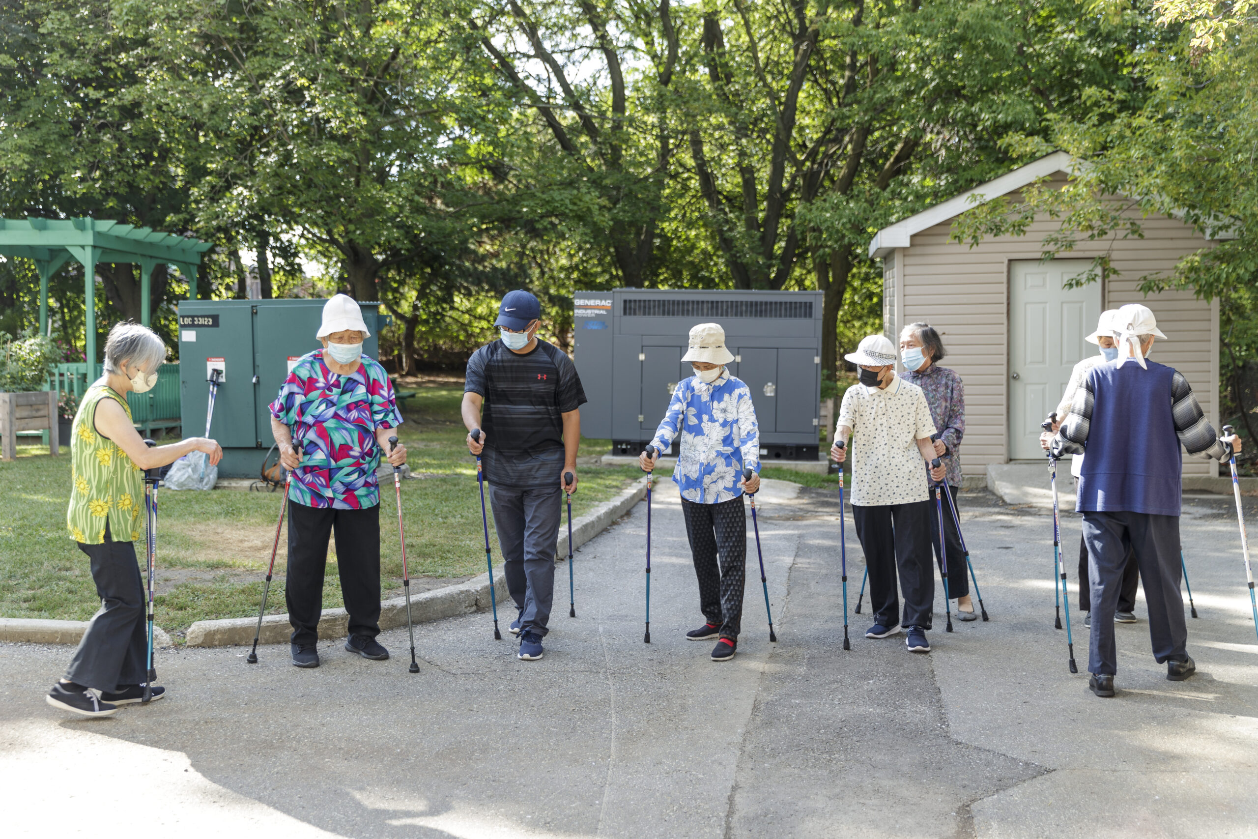 seniors pole walking outside