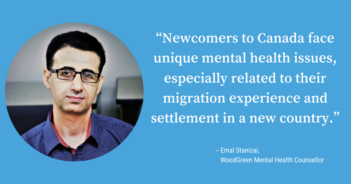 a picture of a man with dark short hair and pale skin on a graphic board with a quote about mental health care for newcomers