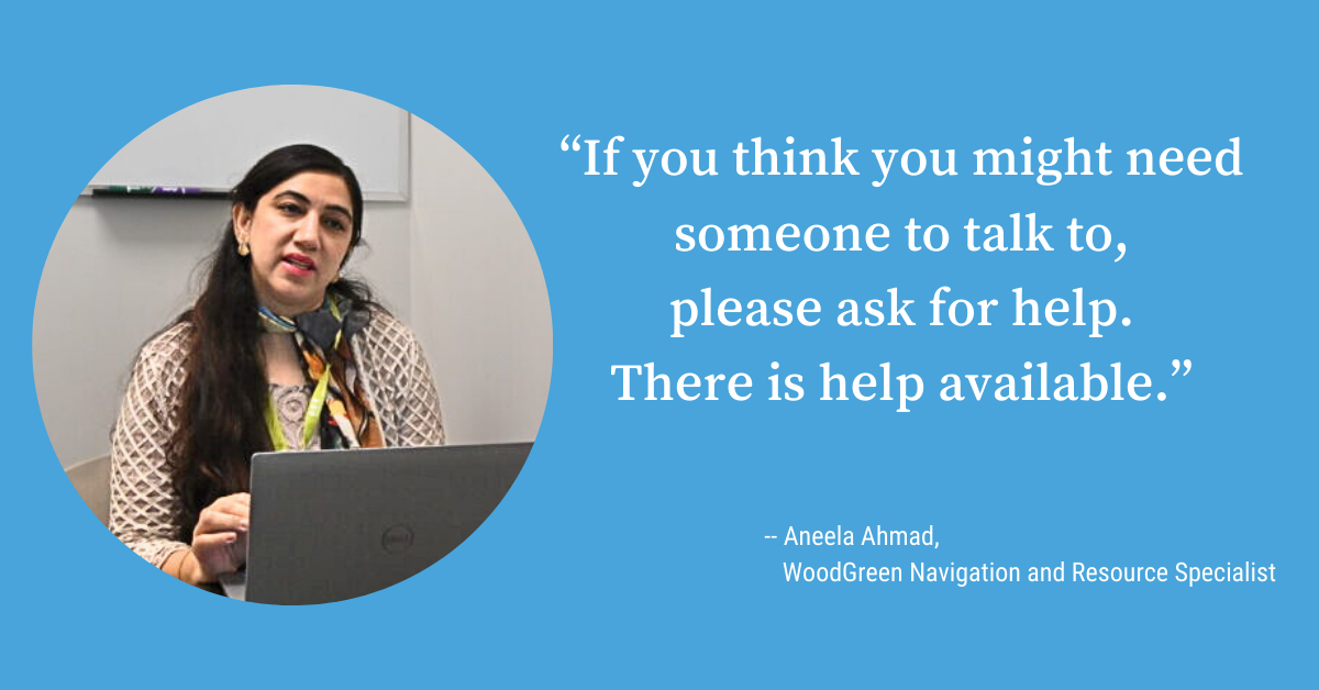 a woman with long dark brown hair and brown skin sits in front of a laptop computer with a quote about help available for newcomers