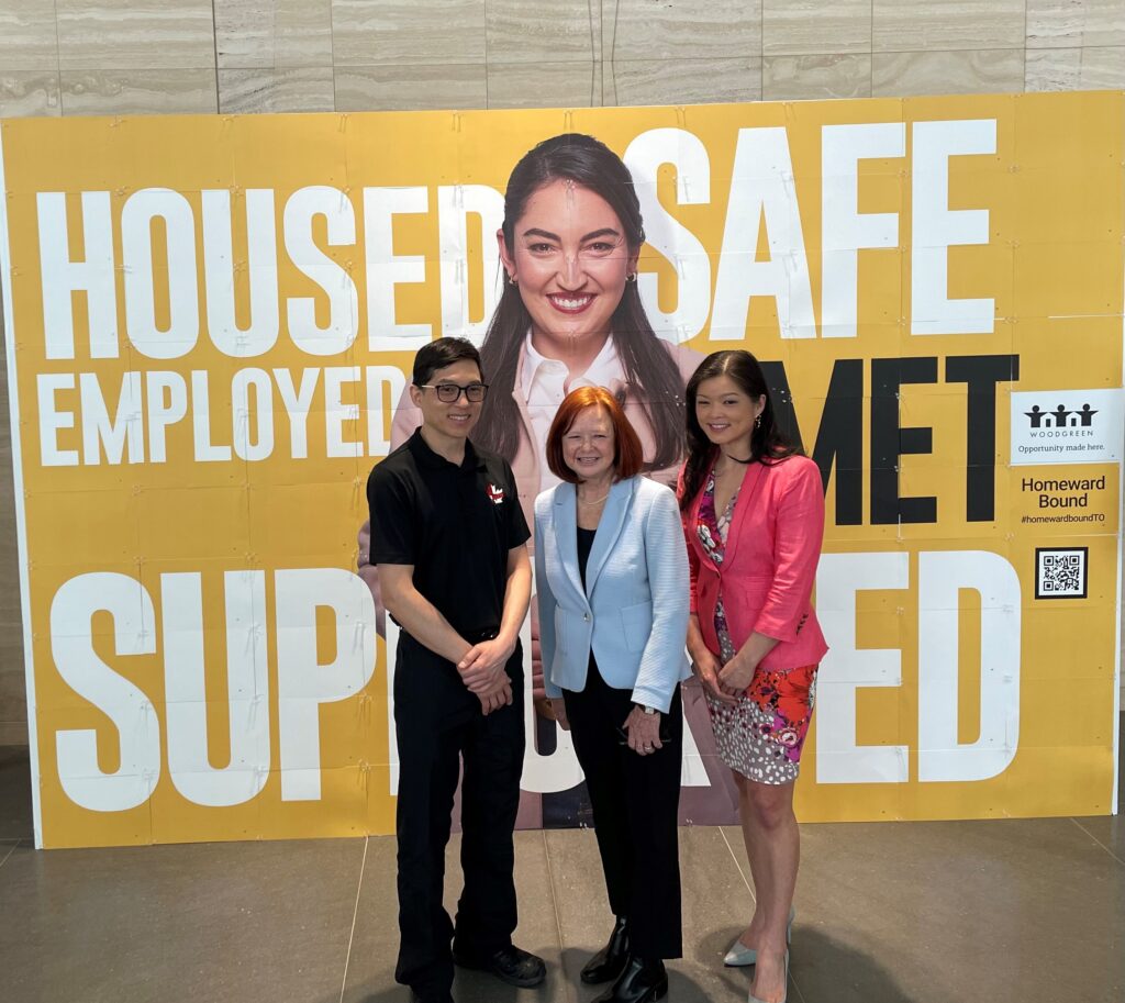 WoodGreen's President & CEO Anne Babcock with Andrew and Brigette Chang at International Women's Day announcement for Homeward Bound.