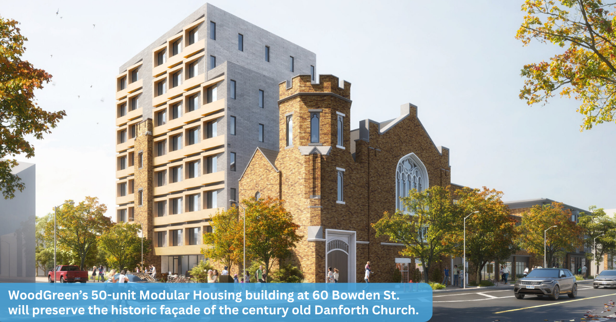 an artist's rendering of the modular housing development behind a church in Toronto
