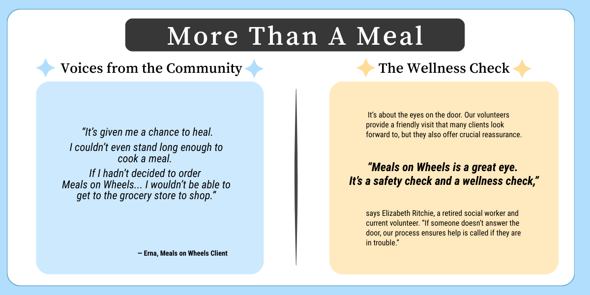 An informational graphic titled "More Than A Meal" featuring a quote from client Erna about regaining her independence and a "Wellness Check" section explaining how volunteers provide safety and reassurance for homebound seniors.