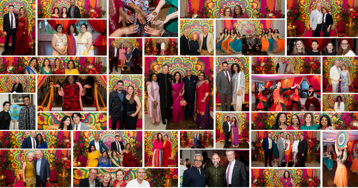 A vibrant photo collage showing guests in colourful traditional clothing, henna art on hands, South Asian dance performances, and community leaders celebrating at the inaugural Holi celebration.