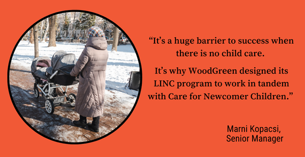 A quote graphic on an orange background featuring a person pushing a double stroller in the snow, alongside a quote by Marni Kopacsi, Senior Manager, explaining how WoodGreen designed its LINC program to work in tandem with Care for Newcomer Children.