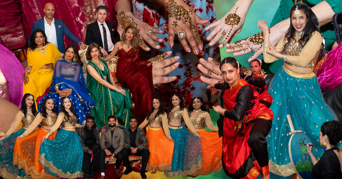 A layered artistic collage featuring South Asian dancers in traditional dress, close-ups of henna-decorated hands, and group photos of event attendees celebrating newcomer support. 